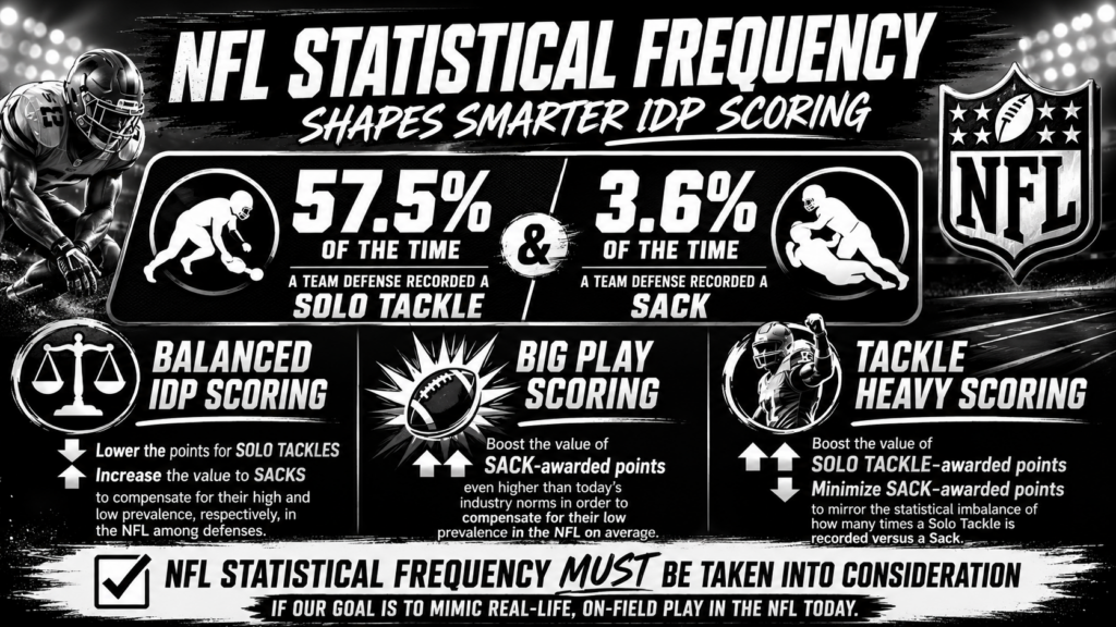 To give a broad definition of a scoring setting, it's important to consider how to define it more broadly. The new ratios being shown below reflect the frequencies, or lack thereof, of Solo Tackles and Sacks occurring in the NFL, not the basic ratios that only chase box scores. By taking an average NFL team's seasonal production and multiplying it by a format's baseline scoring rules, we can discover the true frequency-adjusted point output of a league setting.
Let's start with IDP123 scoring and see how the percentages above help to describe what type of scoring setting it really is.
650.44 Solo Tackles x 2pts per Solo Tackle = 1,300.88 fantasy points from a team's defense came from Solo Tackles.
40.22 Sacks x 6pts per Sack = 241.32 fantasy points from a team's defense came from Sacks.
This new type of frequency-adjusted/fantasy scoring ratio is 5.39:1, skewing fantasy point scoring towards tackles, making this scoring setting Tackle Heavy. Sorry to all the "It's a Balanced Scoring setting truthers out there," but based on how frequently tackles and sacks occurred last season in the NFL, IDP123 should DEFINITIVELY be considered tackle-heavy.
Next, let's go with FantasyPros IDP scoring:
650.44 Solo Tackles x 1.5pts per Solo Tackle = 975.66 fantasy points from a team's defense came from Solo Tackles.
40.22 Sacks x 4pts per Sack = 160.88 fantasy points from a team's defense came from Sacks.
This new type of frequency-adjusted/fantasy scoring ratio is 6.06:1, HEAVILY skewing fantasy point scoring towards tackles, making this scoring setting Tackle Heavy. However, while the ratio is higher for Solo Tackles than in IDP123, look at the fantasy point drop. That screams to me less tackle point inflation, compared to IDP123, which should be obvious since a Solo Tackle for FantasyPros scoring is 1.5 points and IDP123 is 2 points.
Where FantasyPros scoring messes up when trying to make a balanced IDP scoring setting to reflect what is actually happening on the field is the fact that there is no added weight to Sack scoring compared to IDP123. In IDP123, Sacks are 6 points, including one metric in QB Hits that FantasyPros doesn't even use. If only FantasyPros counted more fantasy points for a sack, we're talking close to a balanced IDP scoring system. But alas, that is not the case.
Finally, let's discuss Big 3 IDP Scoring:
650.44 Solo Tackles x 1.25pts per Solo Tackle = 813.05 fantasy points from a team's defense came from Solo Tackles.
40.22 Sacks x 5pts per Sack = 201.1 fantasy points from a team's defense came from Sacks.
This new type of frequency-adjusted/fantasy scoring ratio is 4.04:1, making Big 3 IDP scoring the most balanced of the three. WTF?! But it has the word "Big" in it. How could this scoring setting actually be THE MOST BALANCED scoring setting in IDP amongst the three?
Well, by lowering the value of a Solo Tackle and raising the value of a Sack, you are leveling the playing field in terms of fantasy output when taking trends in ACTUAL NFL performance into consideration.